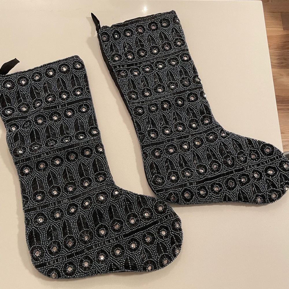 Black navy beaded Christmas holiday stockings